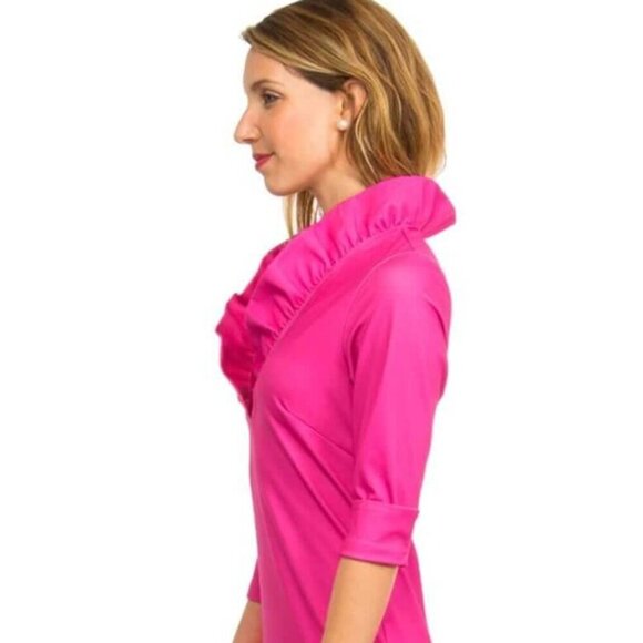 Gretchen Scott Jersey Ruffneck Dress Pink 3/4 Sleeve Foldover Contrast Midi XS - Picture 5 of 13